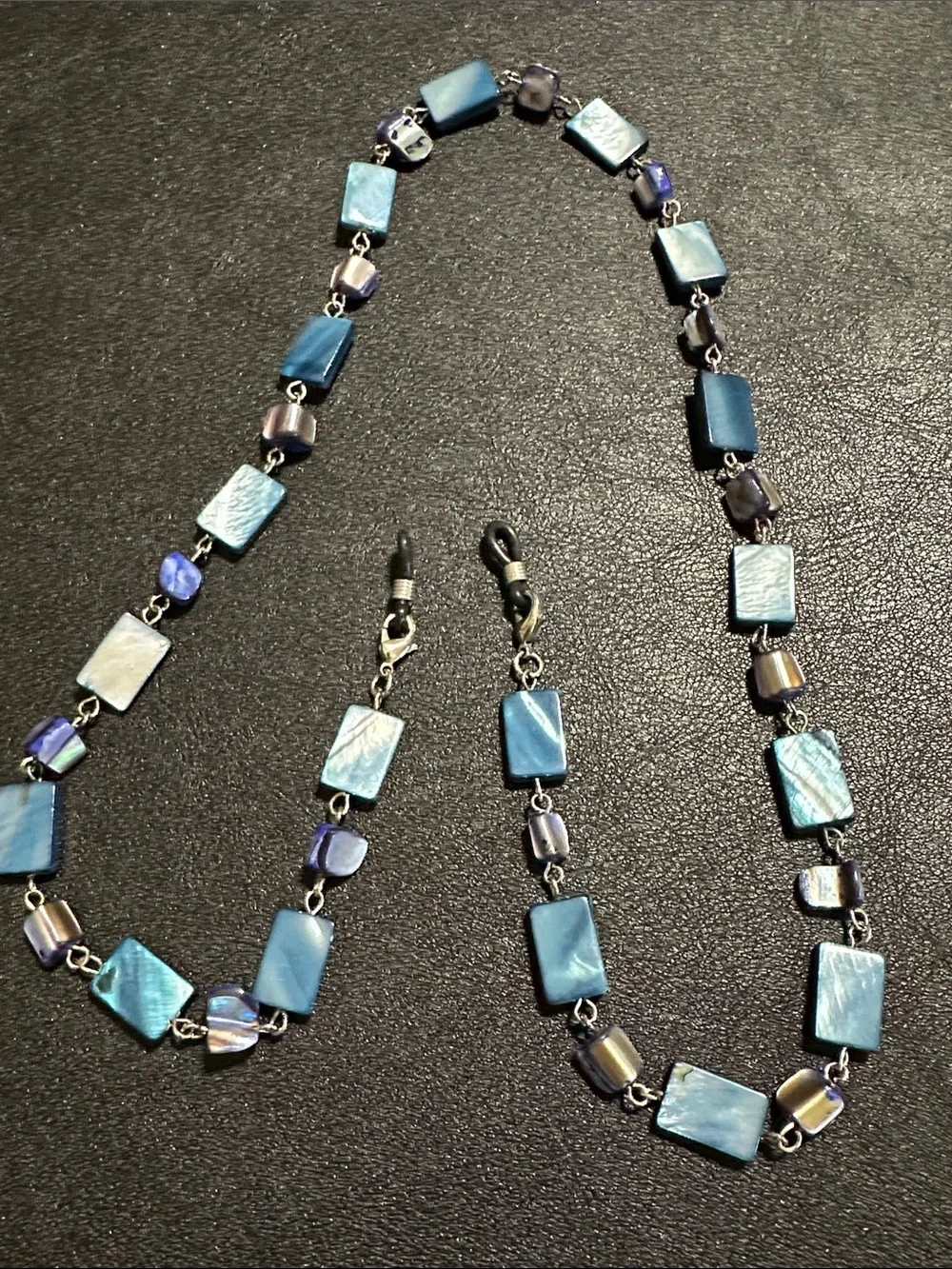 Rectangular Blue Shell & Purple Shell Chip Linked Eye Glass Holder Necklace